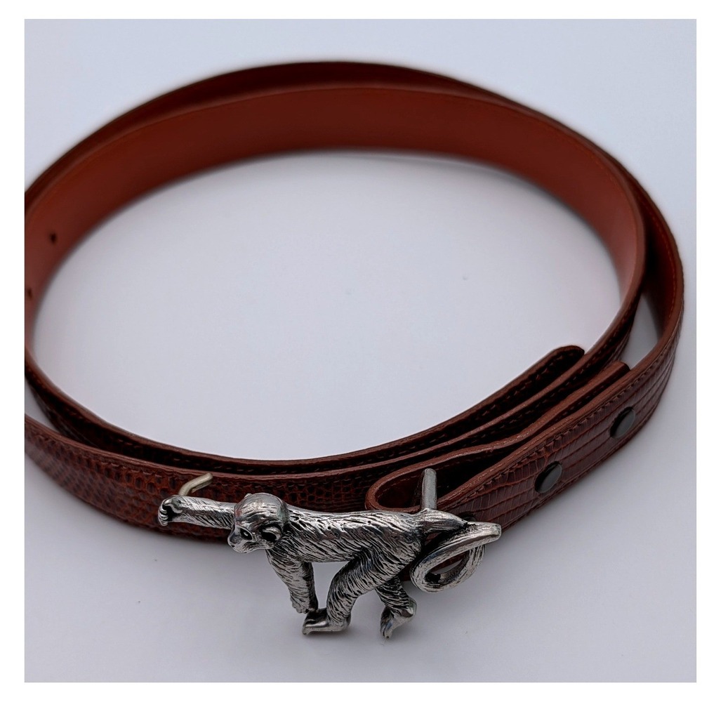Alexander Kalifano Genuine Lizard Belt Brown Monkey Motif Buckle Made in USA